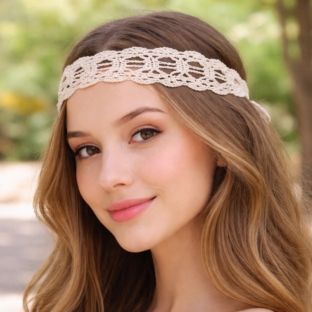 Crocheted Lace Headband in Cream - Women Accessories